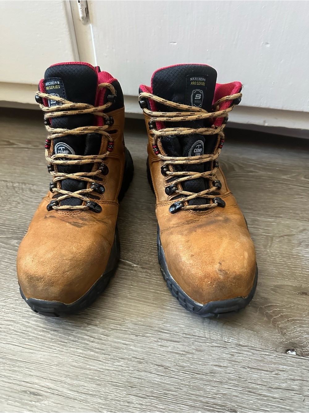 Skechers Brown Work Boots with Black and Red Accents